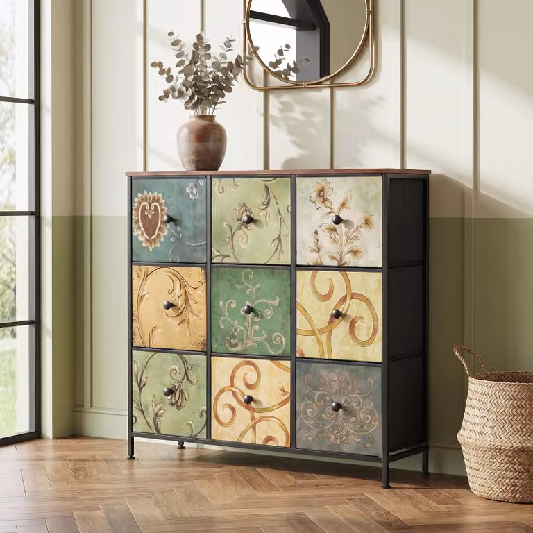Comodino INONEFT con 9 cassetti in tessuto, design vintage, ideale per la camera da letto, stile rustico, struttura in metallo, adatto per cucina, ufficio, ingresso