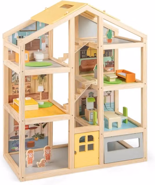 Casa delle bambole moderna in legno MDF con mobili e statuette, multicolore, L: 60 cm, P: 30 cm, H: 75 cm