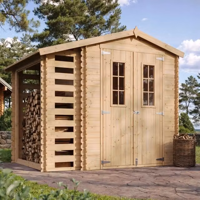 Casetta da Giardino in Legno Grigio con Legnaia da Esterno TIMBELA M386C