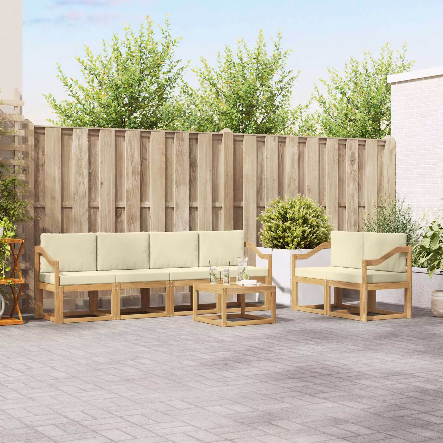 Set di divani da esterno vidaXL 7 pezzi in legno di acacia con cuscini Bianco e Beige