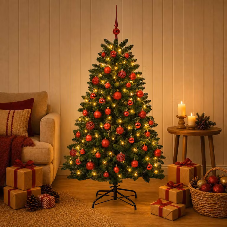 Albero di Natale artificiale, colore verde medio, con decorazioni a palline, altezza 150 cm
