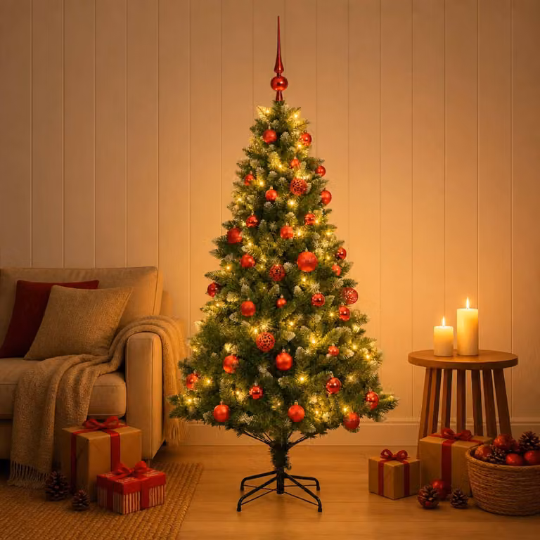 Albero di Natale artificiale con decorazioni a sfera, altezza 120 cm, 150 luci LED