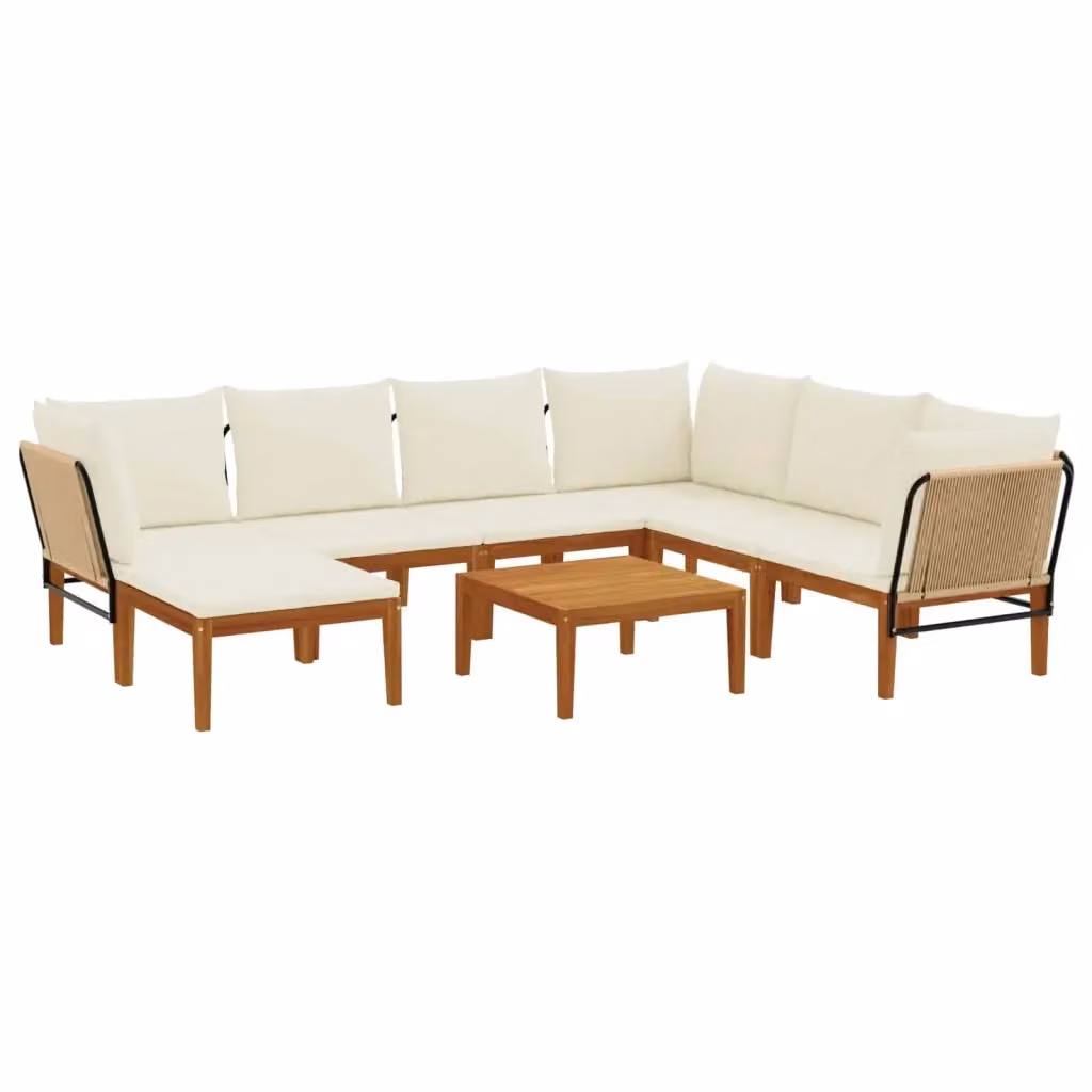 Set da giardino a L vidaXL in legno di acacia con cuscini beige e bianco, composto da divano a 3 posti, tavolino da caffè e pouf – 2