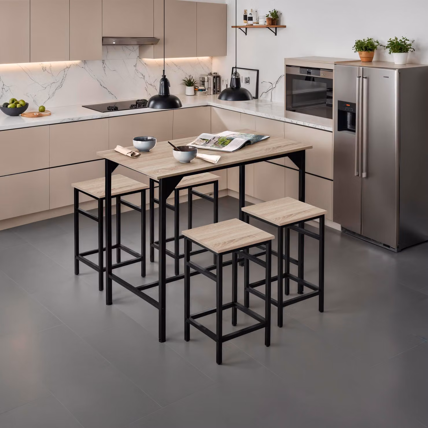 Set tavolo da bar Edimburgo TecTake con 5 sedie in stile industriale, colore rovere e marrone, L/P/H: 120 x 60 x 88.5 cm – 1