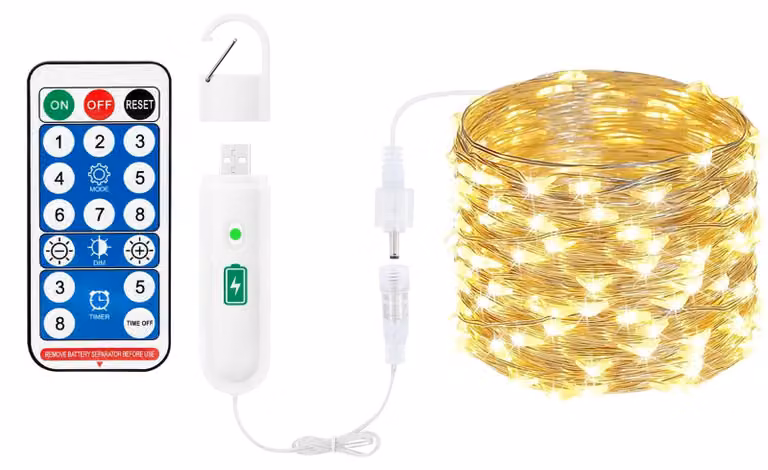 Catena luminosa a LED, 10 metri, 100 LED, luce bianco caldo, con telecomando, timer e alimentazione USB