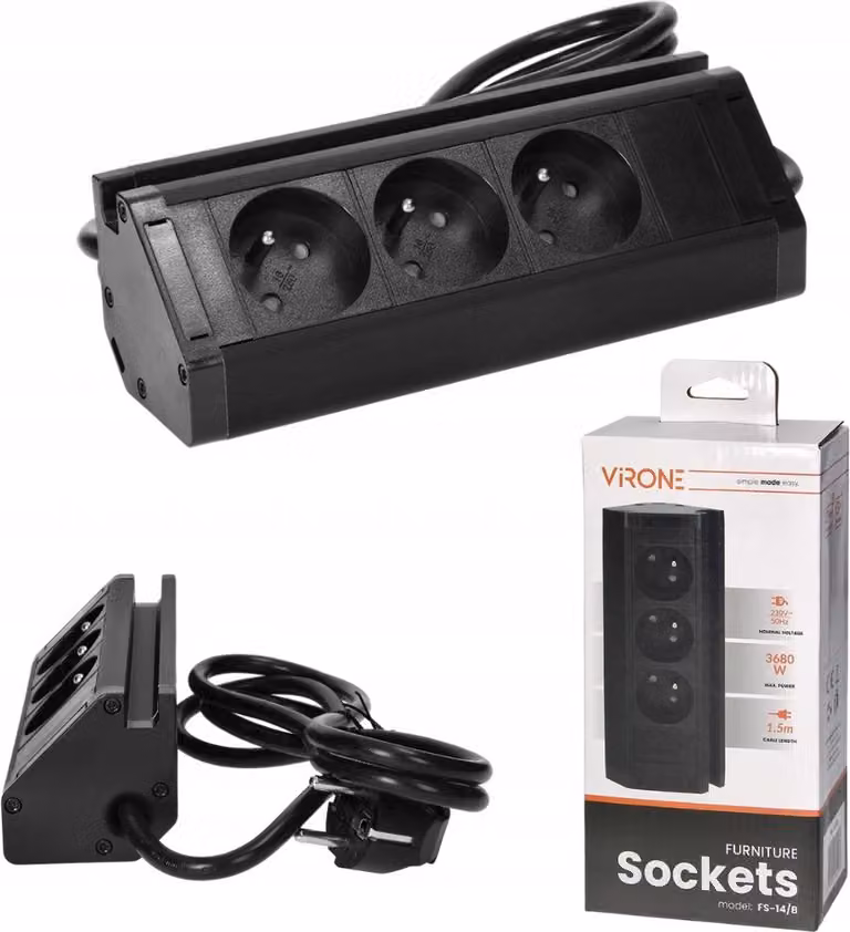 VIRONE | Presa Da Mobile 3 Posti - Nera - Con Supporto Per Telefono E Cavo 1,5 m - Moderna E Pratica