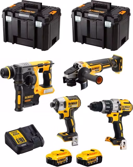 Kit DeWALT DWK401 con avvitatore, martello perforatore, smerigliatrice, trapano, 2 batterie da 5,0 Ah, caricabatterie e 2 contenitori TSTAK VI, Giallo