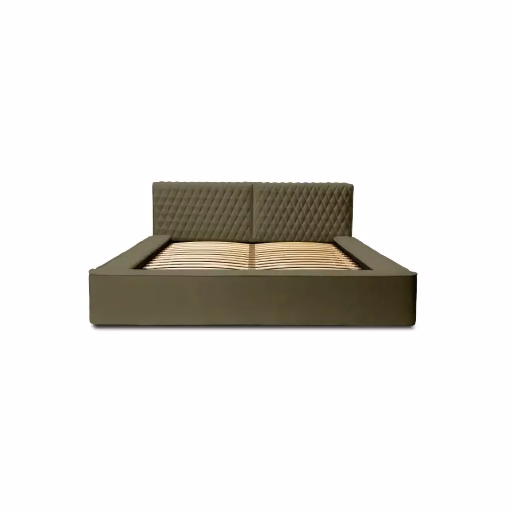 Letto contenitore VERNON Meublorama in tessuto ciniglia bouclé colore verde foglia di ulivo con rete sollevabile L/P: 180 x 200 cm – 2