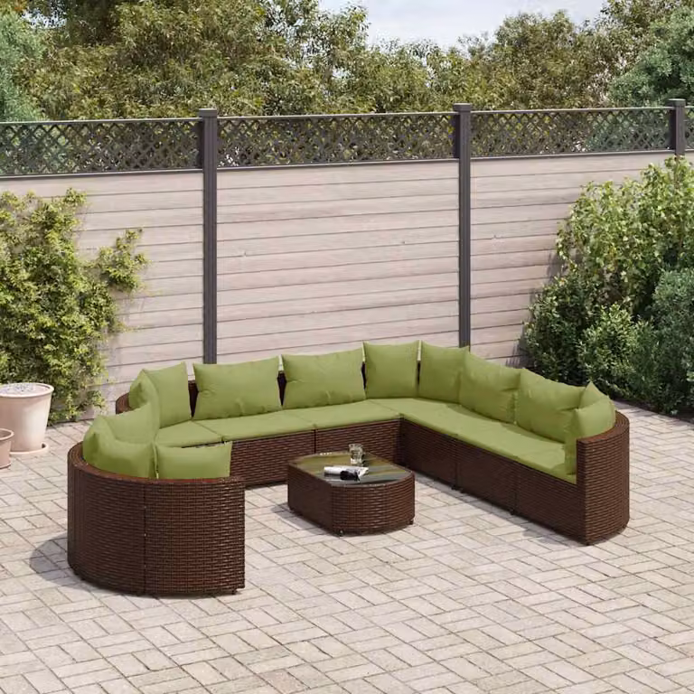 vidaXL Set Divani da Giardino 10 Pezzi a Forma di U con Tavolino in Vetro e Cuscini Marroni e Verdi in Polyrattan e Metallo