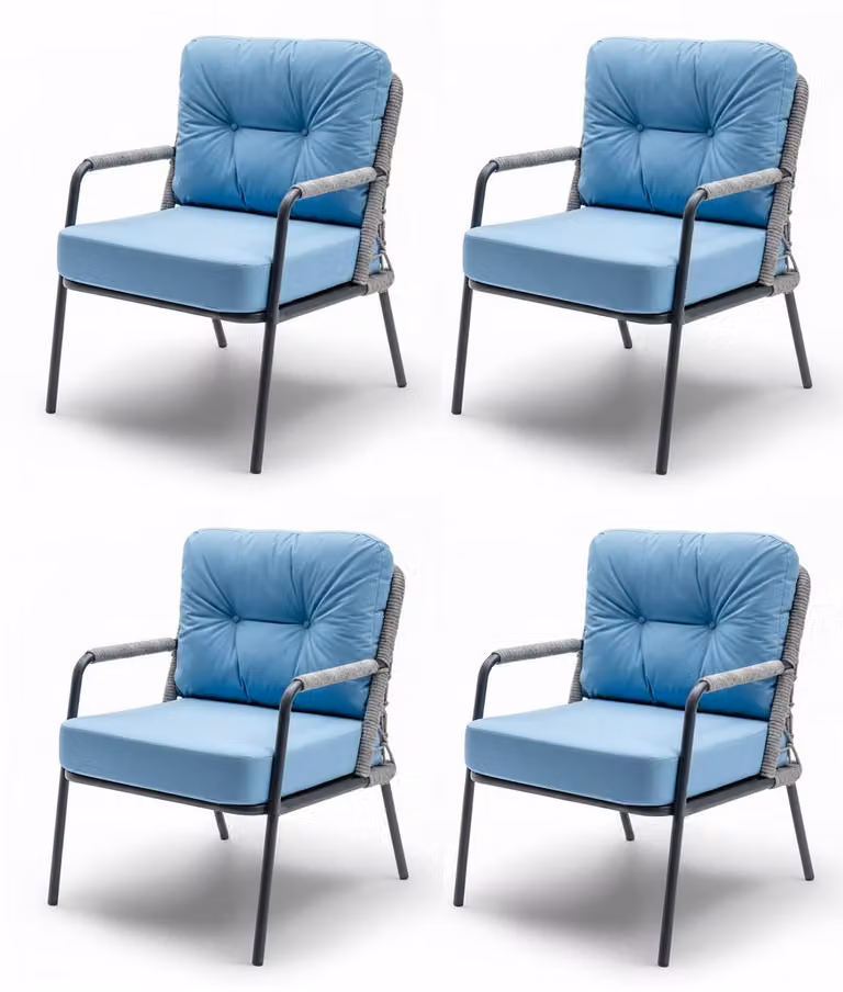 Sedia in stile moderno, colore azzurro, morbida imbottitura della seduta, intreccio, nuova