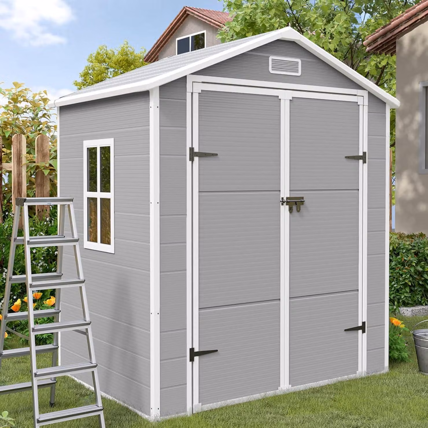 Casetta da giardino resistente alle intemperie, 3,9 m³, realizzata in resina plastica, colore grigio e bianco, dimensioni 183x137x210 cm, con finestra
