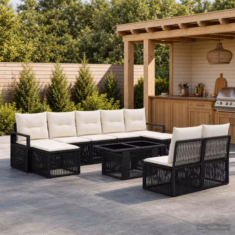 Set Divano da Giardino vidaXL 10 Pezzi a Forma di U in Polyrattan Nero e Bianco Crema con Cuscini e Tavolino