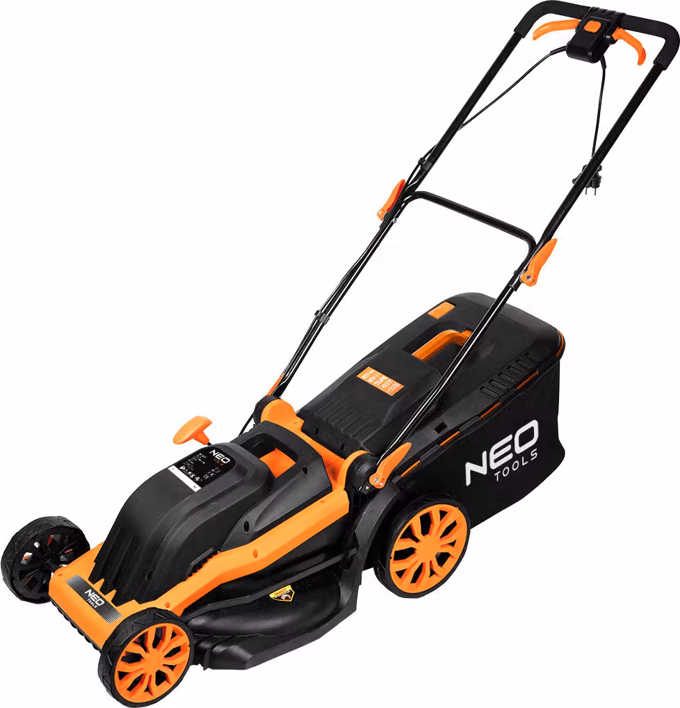Tosaerba elettrico NEO TOOLS (1800W, larghezza di taglio 44 cm, funzione mulching, cesto per l'erba da 45 litri), altezza di taglio 25-75 mm