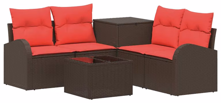 Set di divani da esterno, 6 pezzi. Colore: marrone e rosso. Materiali: rattan sintetico e acciaio