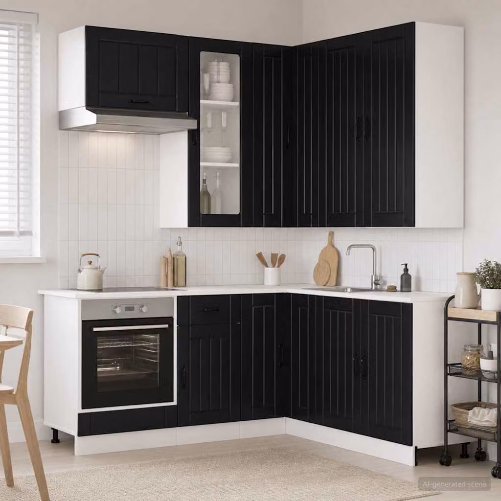 vidaXL Unità Cucina LUCCA 8 Pezzi Nero con Ante in Vetro e Legno MDF
