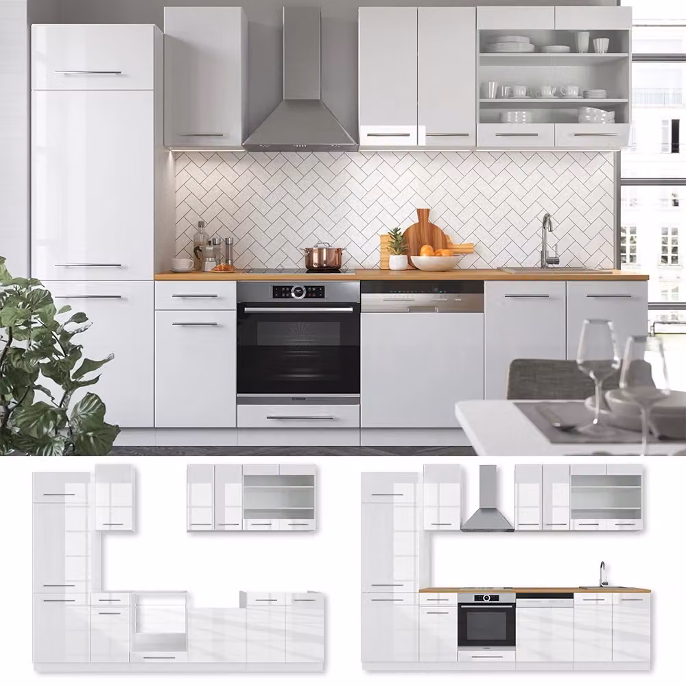 Cucina componibile moderna Vicco Fame-Line Bianco lucido e Rovere, L: 300 cm, H: 203,6 cm, P: 60 cm – 2
