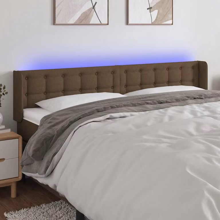 Testiera per letto vidaXL in tessuto marrone scuro con illuminazione LED e porta di ricarica USB, L: 163 cm, P: 16 cm, H: 78-88 cm
