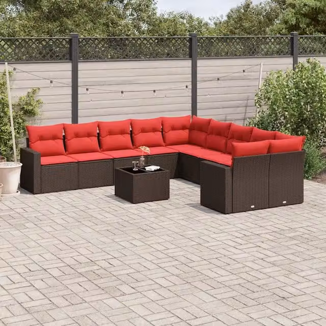 Set Divani da Giardino 11 pz con Cuscini Polyrattan Marrone 3219514