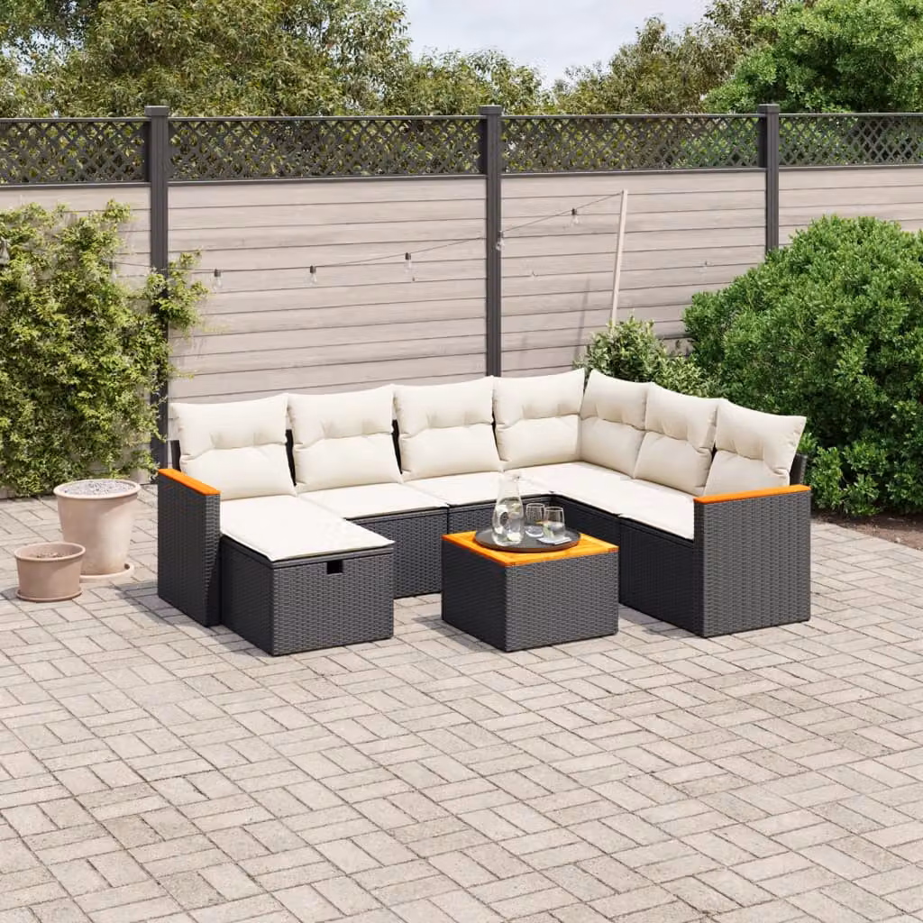 Set di Divani da Giardino vidaXL a Forma di L con Cuscini e Tavolino, 8 Pezzi, Nero e Bianco – 1
