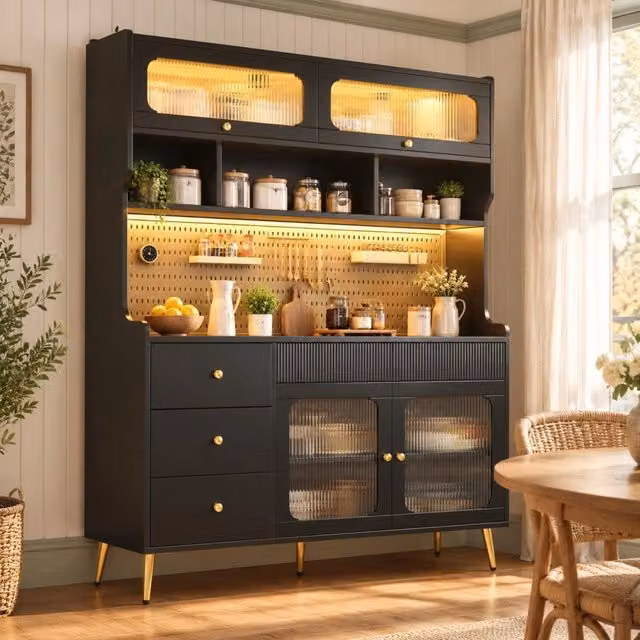 Credenza alta 145x39x171 cm in MDF, metallo e vetro nero con LED App –