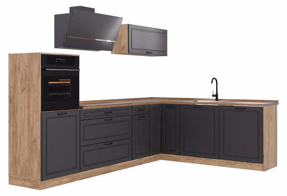 Cucina angolare completa Vicco R-Line Antracite country/Rovere dorato 287 x cm piano di lavoro Rovere dorato, Model 68151