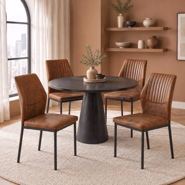 Set di 4 sedie da pranzo moderne MIVRAY in tessuto a righe marrone con gambe in metallo nero L: 42,6 cm, P: 35,5 cm, H: 93 cm