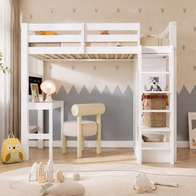 Letto alto 90x200 cm con scrivania, guardaroba aperto e lavagna in pino, MDF e compensato bianco