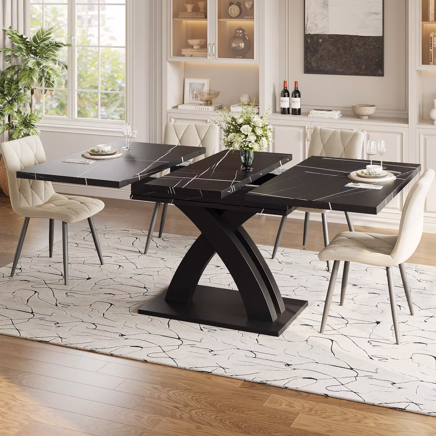 okwish Tavolo da pranzo allungabile Tavolo da cucina con piano in MDF ad alta densità e montanti trasversali a X, tavolo da giardino con staffe di estensione in metallo a scomparsa, nero