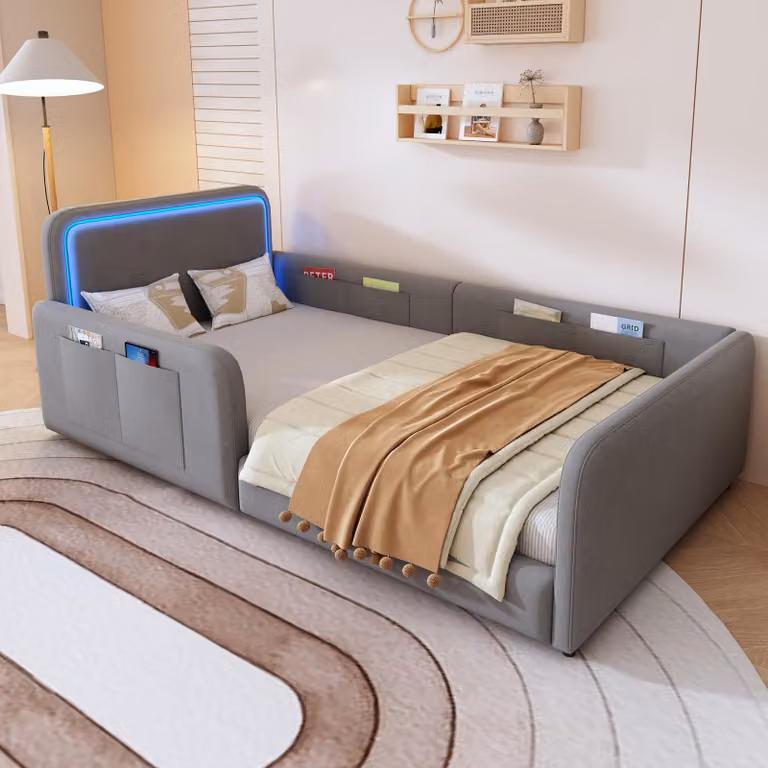 Letto imbottito Flieks 90x200 cm, con rivestimento in ecopelle, letto per bambini a una piazza con tasche laterali e protezioni antiscivolo, letto per adolescenti, divano letto, modello giorno, con rete a doghe, in velluto, colore grigio