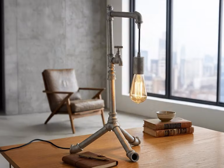 Lampada da tavolo grande AMARCORD in stile industriale con finitura a tubi dell'acqua, grigio antico