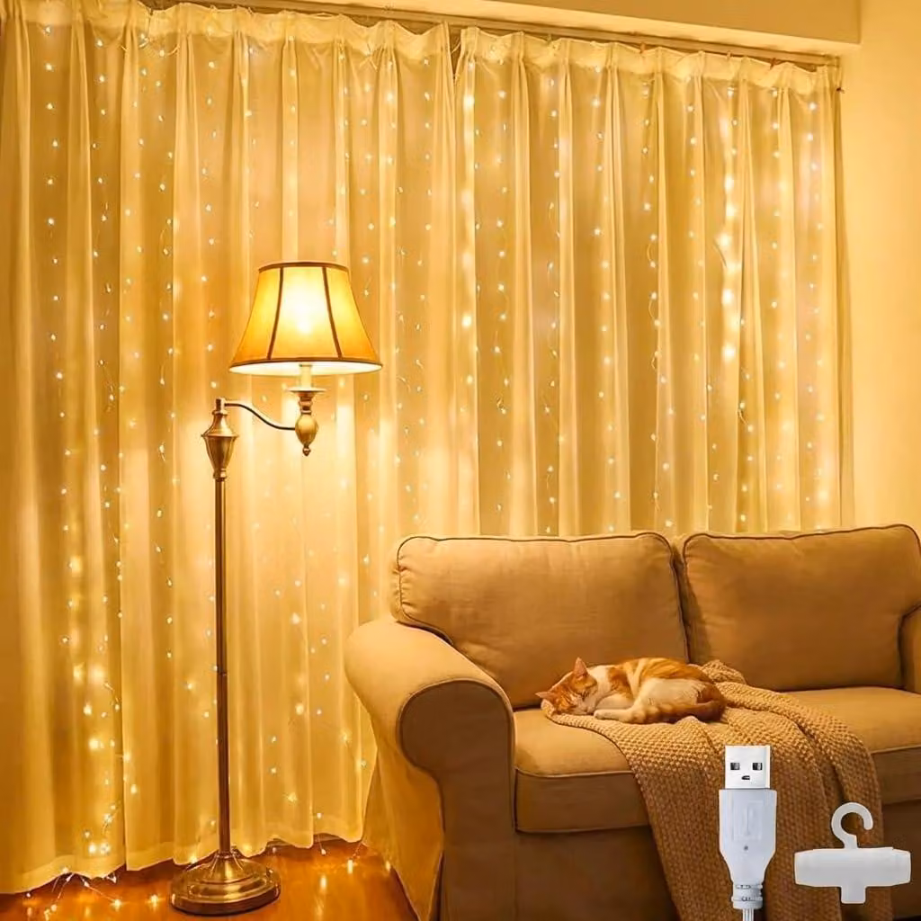 Tenda luminosa a LED, dimensioni 2x2 metri, 200 LED bianco caldo, alimentazione USB, grado di protezione IP65, con 10 ganci