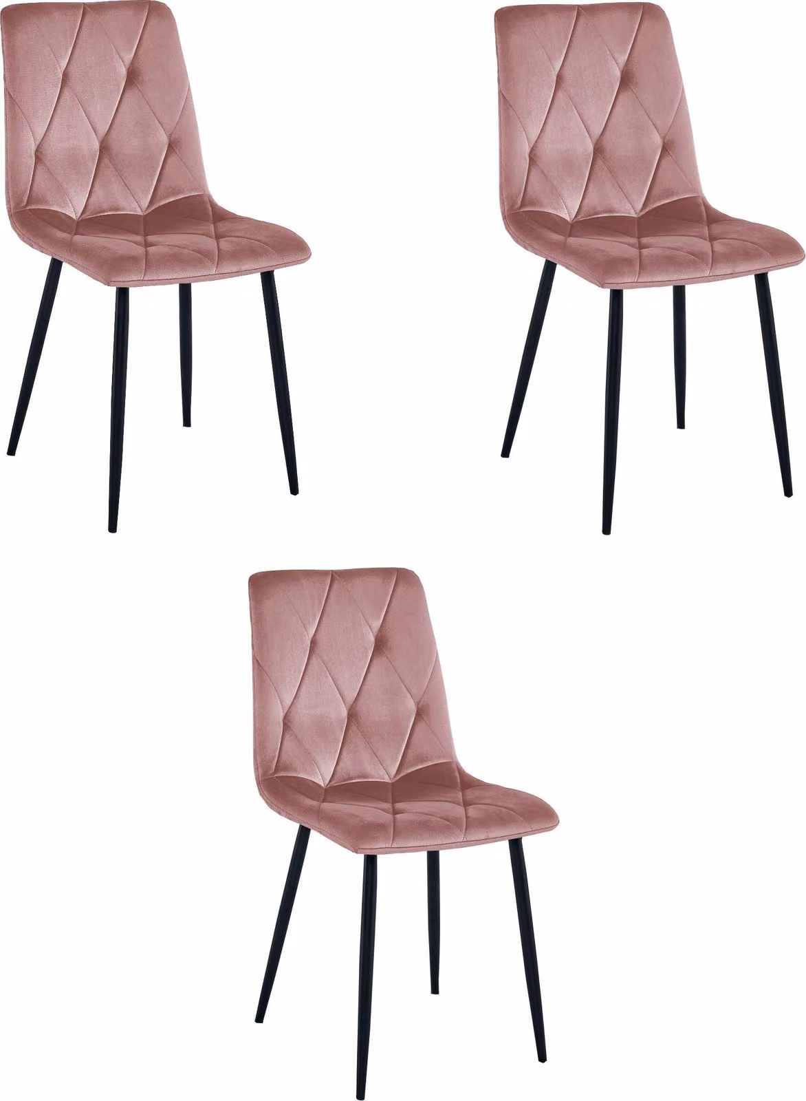 Sedia Libra in velluto, rosa, con gambe nere, set di 3 pezzi