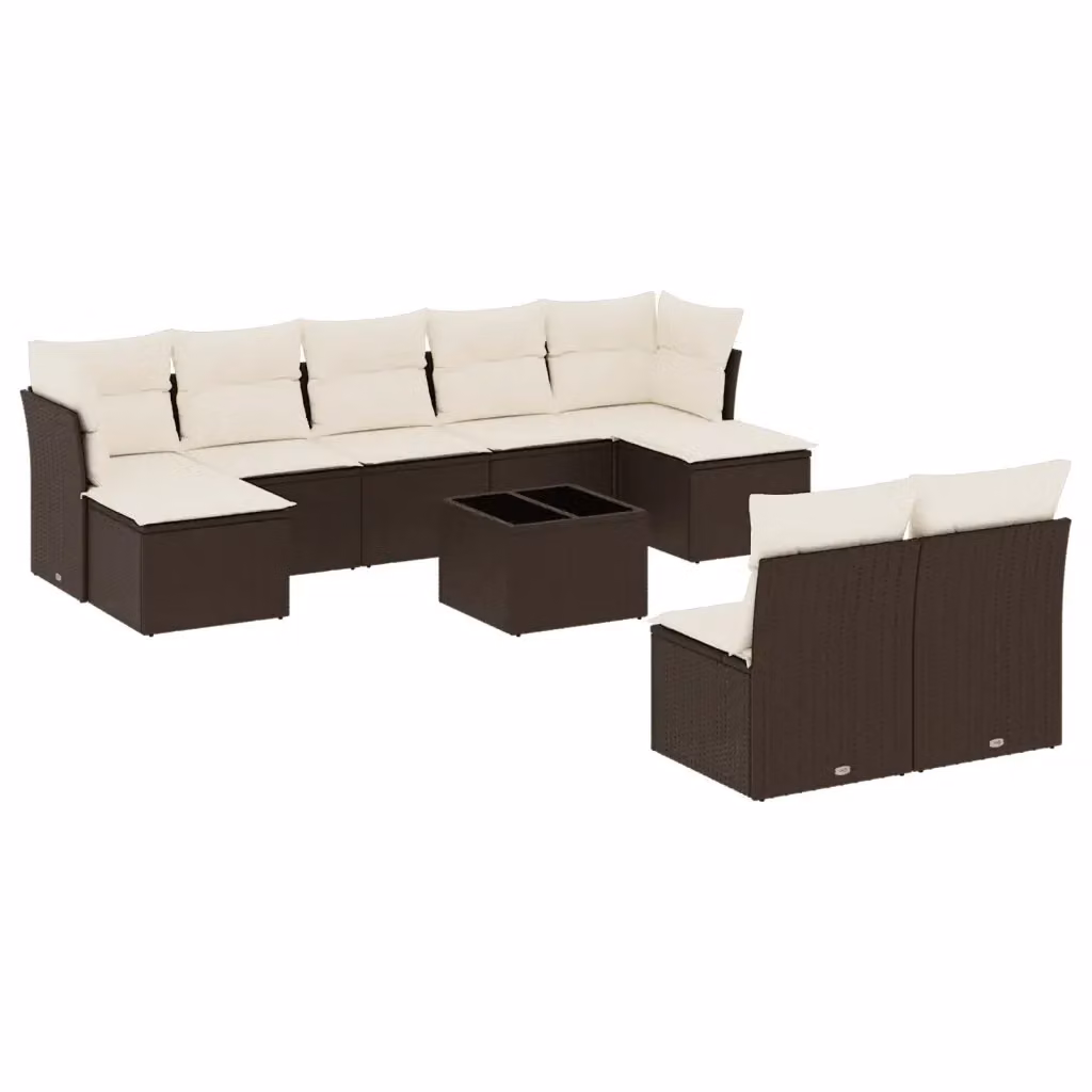 vidaXL Set Divani da Giardino 10 Pezzi in Polyrattan Marrone con Cuscini e Tavolino da Esterno – 2