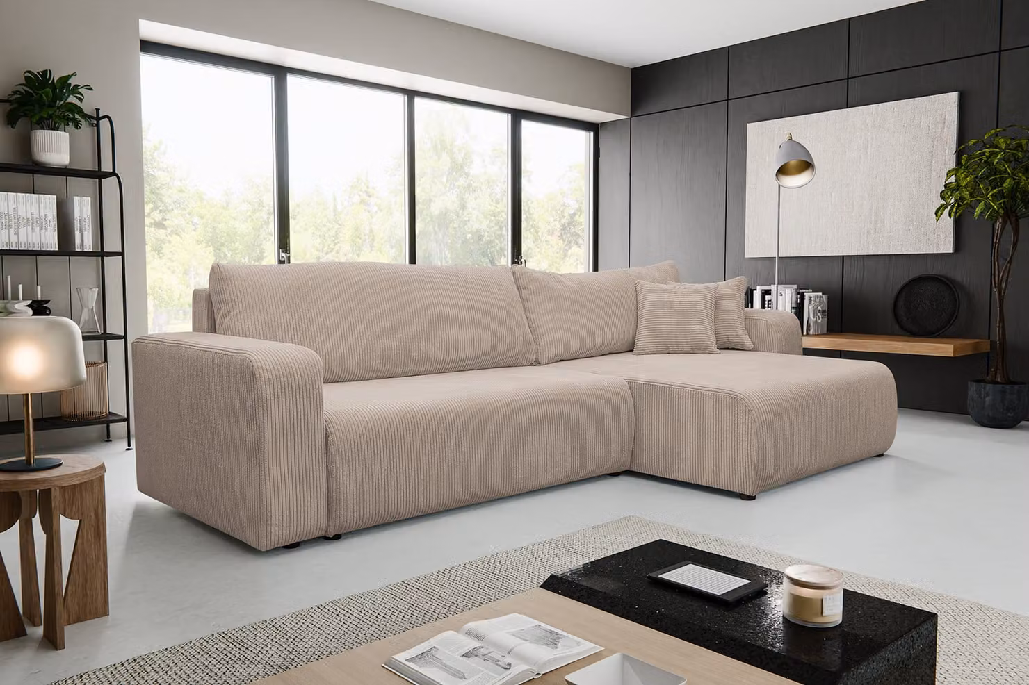 VENASI LUNA XL: Divano angolare modulare a forma di L, con funzione letto e contenitore per biancheria, color marrone