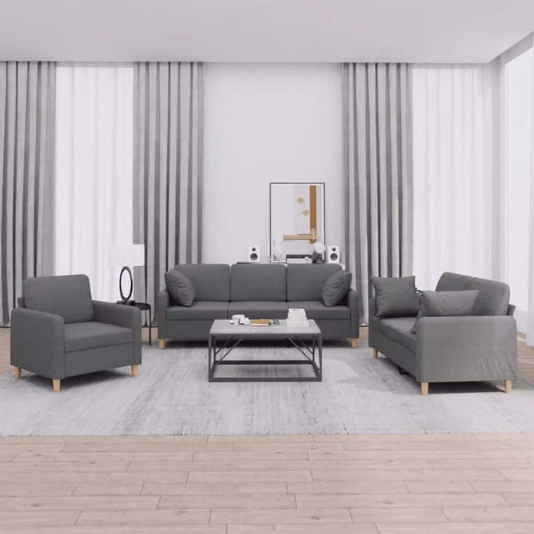 Set di divani 3 pezzi vidaXL in tessuto grigio con cuscini per soggiorno moderno