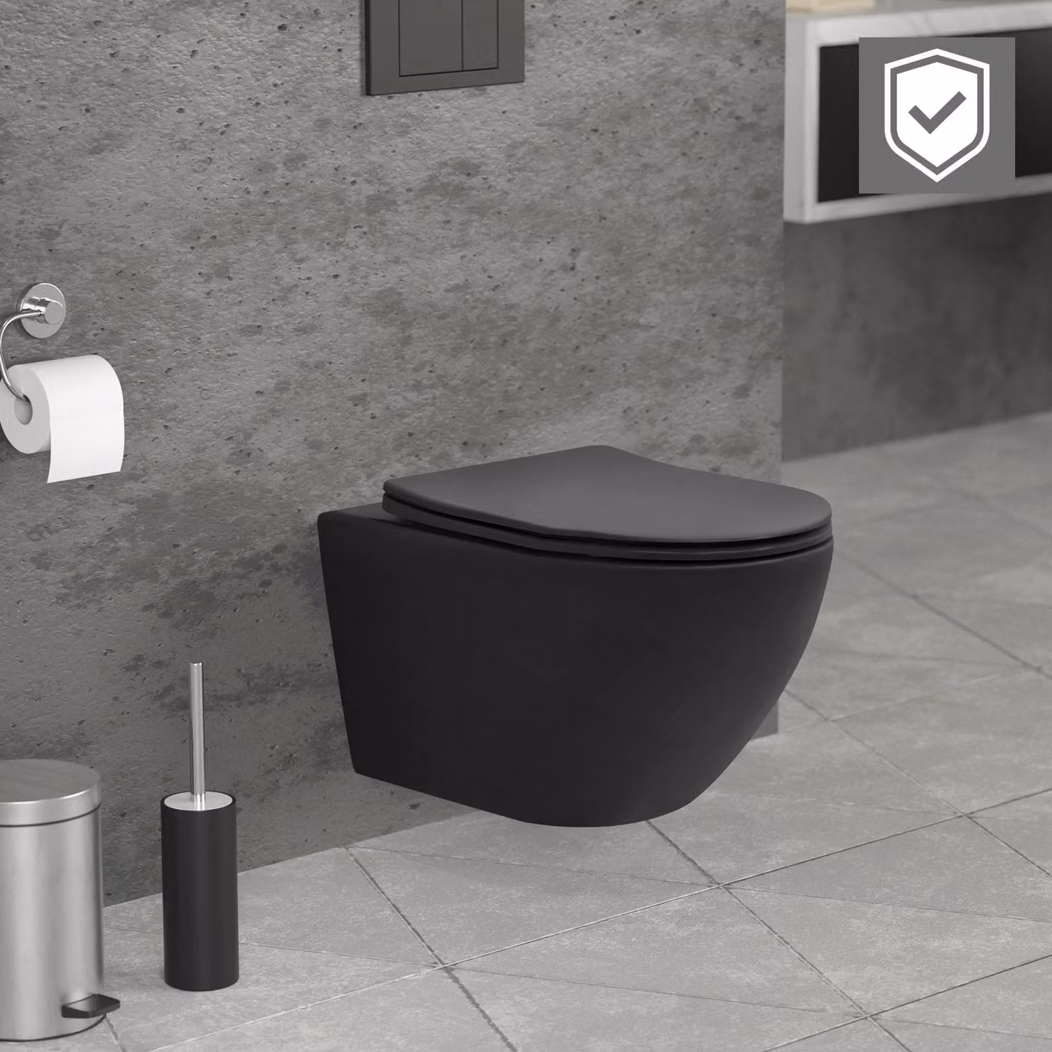 LuxeBath WC sospeso senza bordo con rivestimento nano, nero opaco, lungo