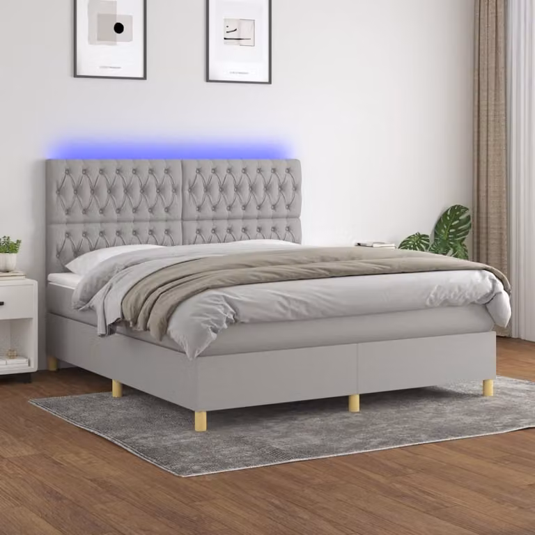 The Living Store Letto a molle con materasso e LED in tessuto grigio chiaro 180x200 cm