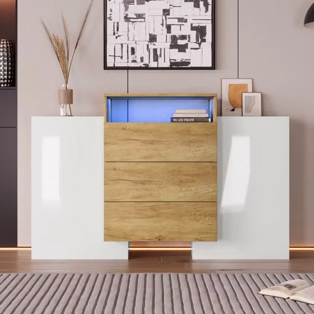 Madia moderna MIVRAY con LED multicolore regolabile, 2 ante e 3 cassetti in MDF bianco lucido e color legno, L 140 x P 30 x H 77.5 cm