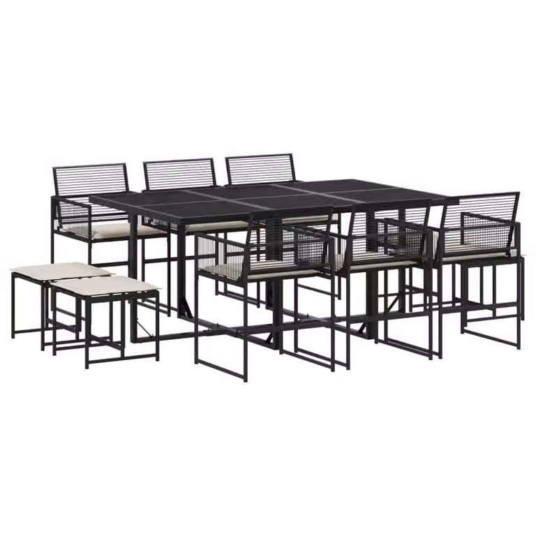 Set da Pranzo da Giardino 11 pz con Cuscini in Polyrattan Nero