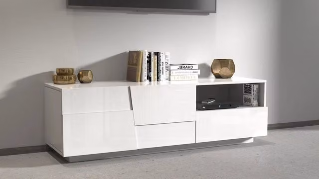 Mobile Tv 2 Anta 1 Cassetto e Ripiano a Giorno 150x45x46 cm Pongo 2A 1C Bianco Lucido