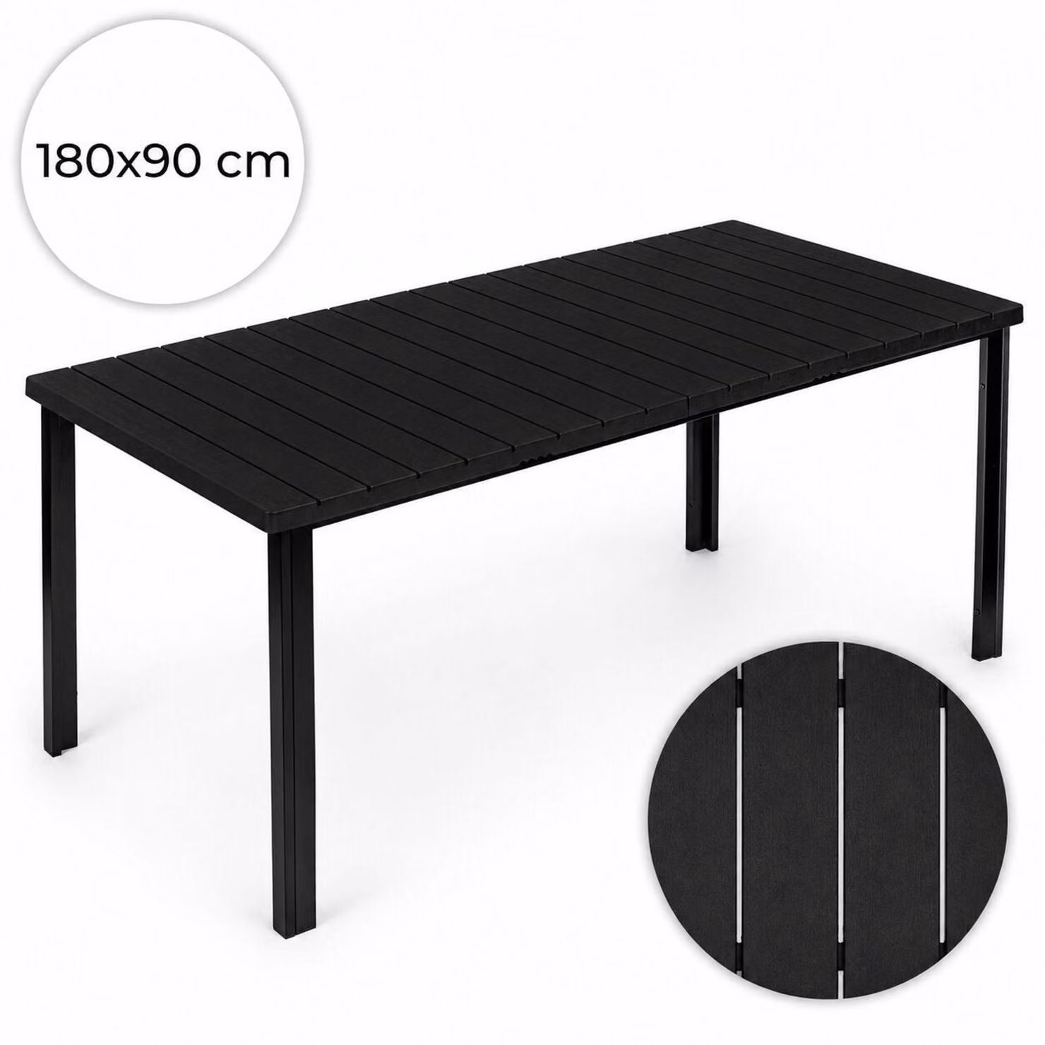 Grande tavolo da giardino per 8 persone, 180×90 cm, in HDPE nero