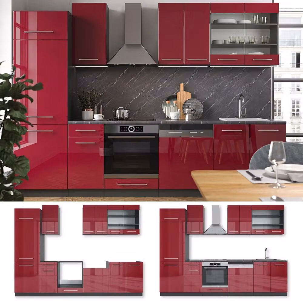 Cucina componibile moderna Fame-Line Vicco in finitura Bordeaux lucido e Antracite con dettagli Rovere, L: 300 cm – 2