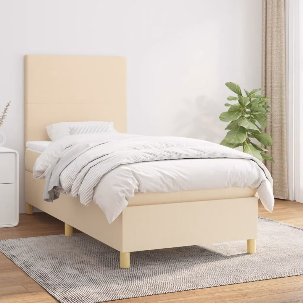 The Living Store Letto a molle con materasso crema 100x200 cm in tessuto