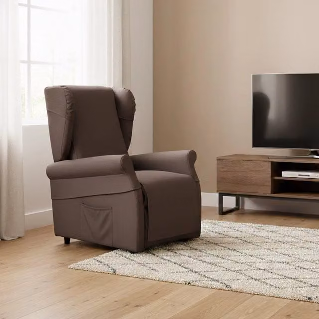 Poltroncina Treia DMORA Marrone, Poltrona Relax Recliner Sfoderabile con Braccioli, L: 75 cm, P: 84 cm, H: 107 cm