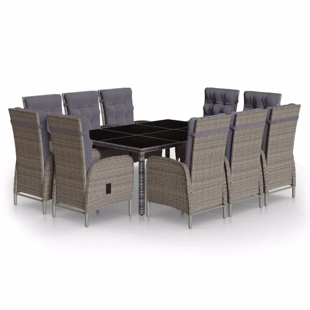 Set Pranzo da Giardino vidaXL in Polyrattan Grigio con Tavolo in Vetro, 11 Pezzi – 2