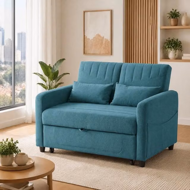 Divano letto estraibile con schienale regolabile a 3 posizioni; tessuto cotone-lino; blu verde antico