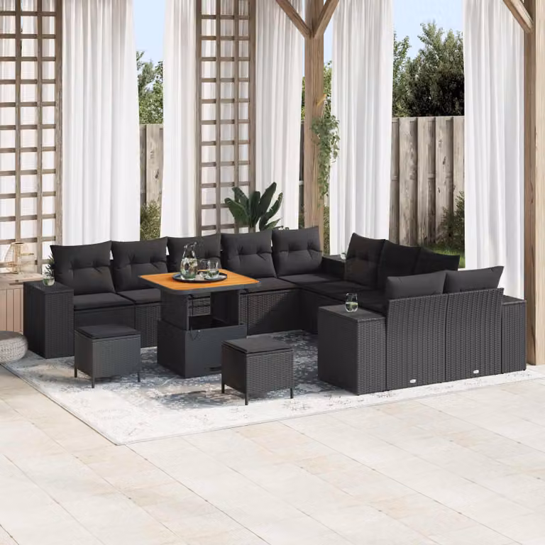 Set Divano da Giardino vidaXL 13 Pezzi a Forma di U con Cuscini Nero