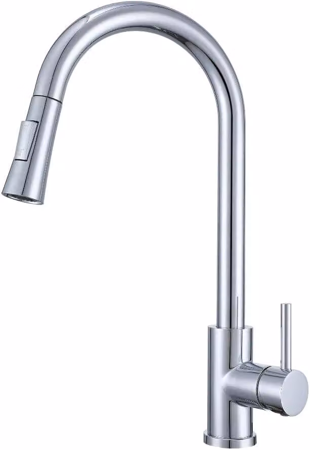 Rubinetto da cucina VBChome Acciaio inossidabile cromato con bocca estraibile, girevole a 360°, con pulsante per selezionare i tipi di getto – rubinetto moderno per lavello