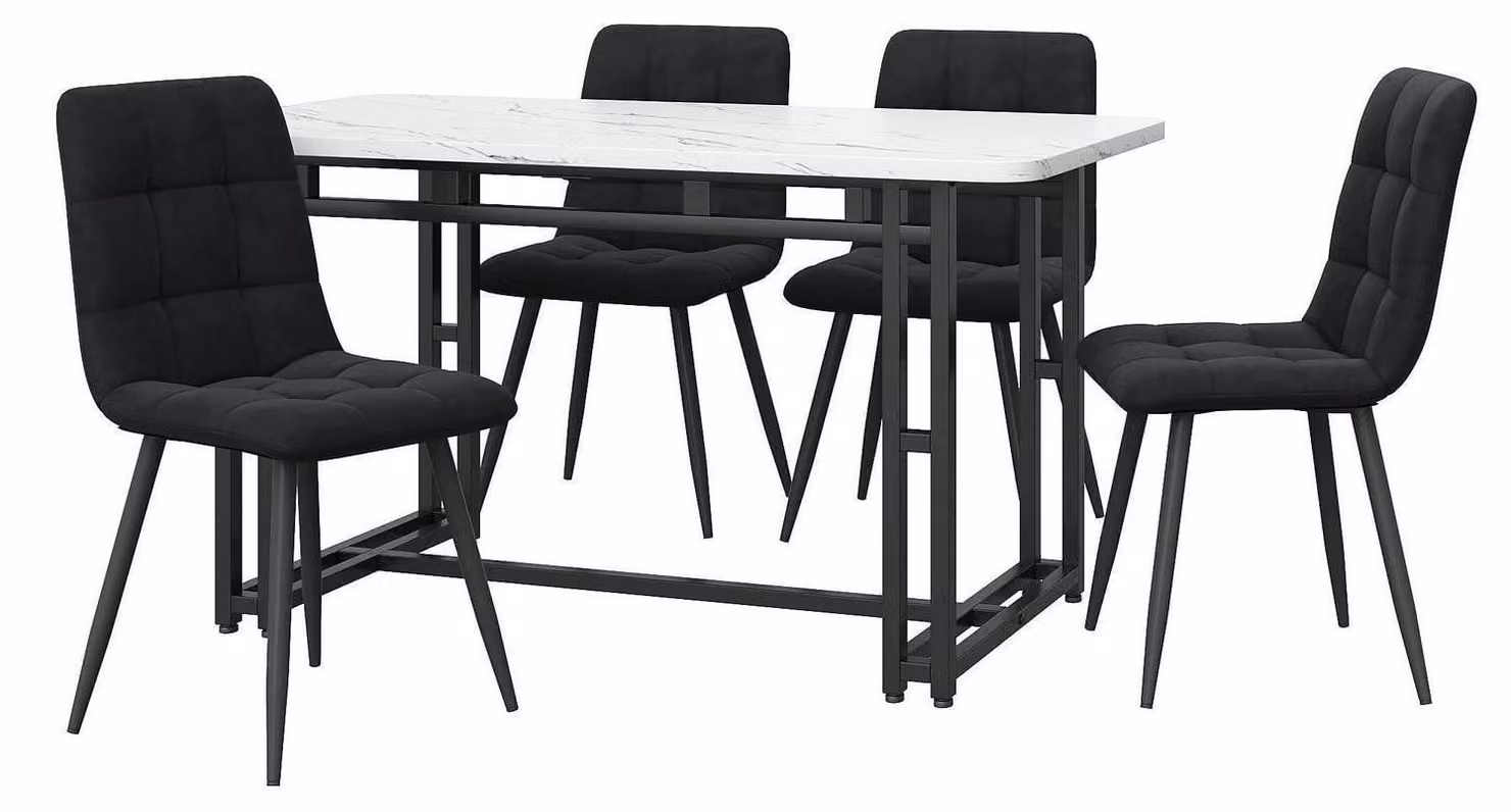 Set da pranzo composto da un tavolo rettangolare nero in tessuto effetto lino e 4 sedie, dimensioni: 120x74x70 cm