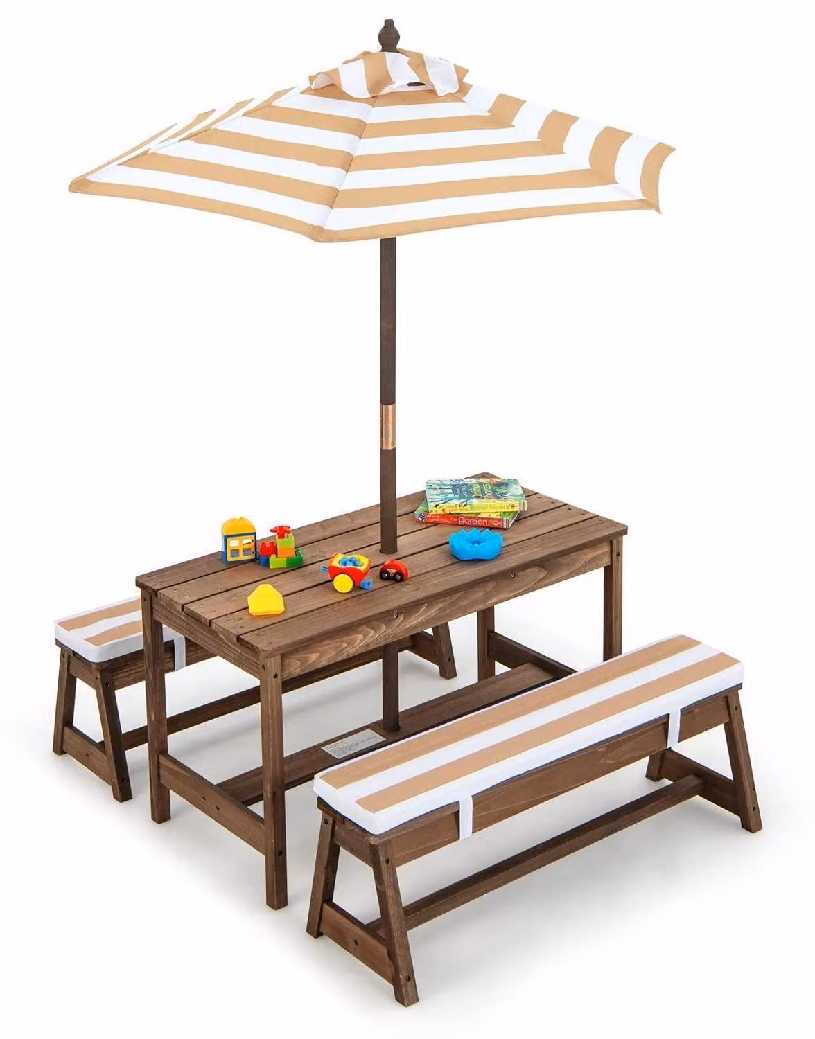 Tavolo da picnic per bambini in legno marrone, completo di panche, cuscini e ombrellone